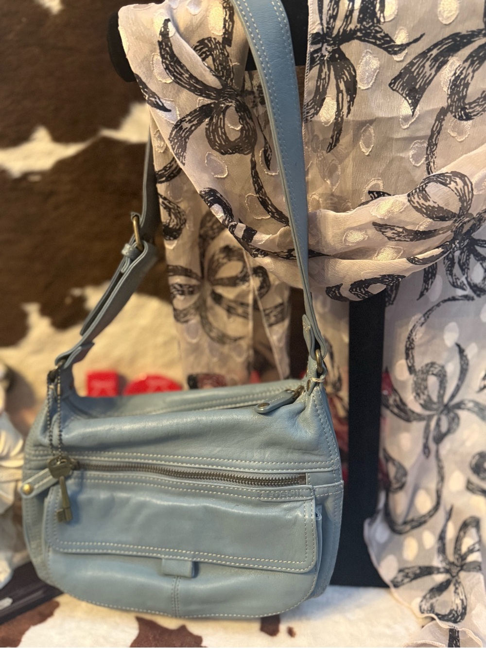 Fossil Powder Blue Leather Shoulder Bag with Zip Pocket